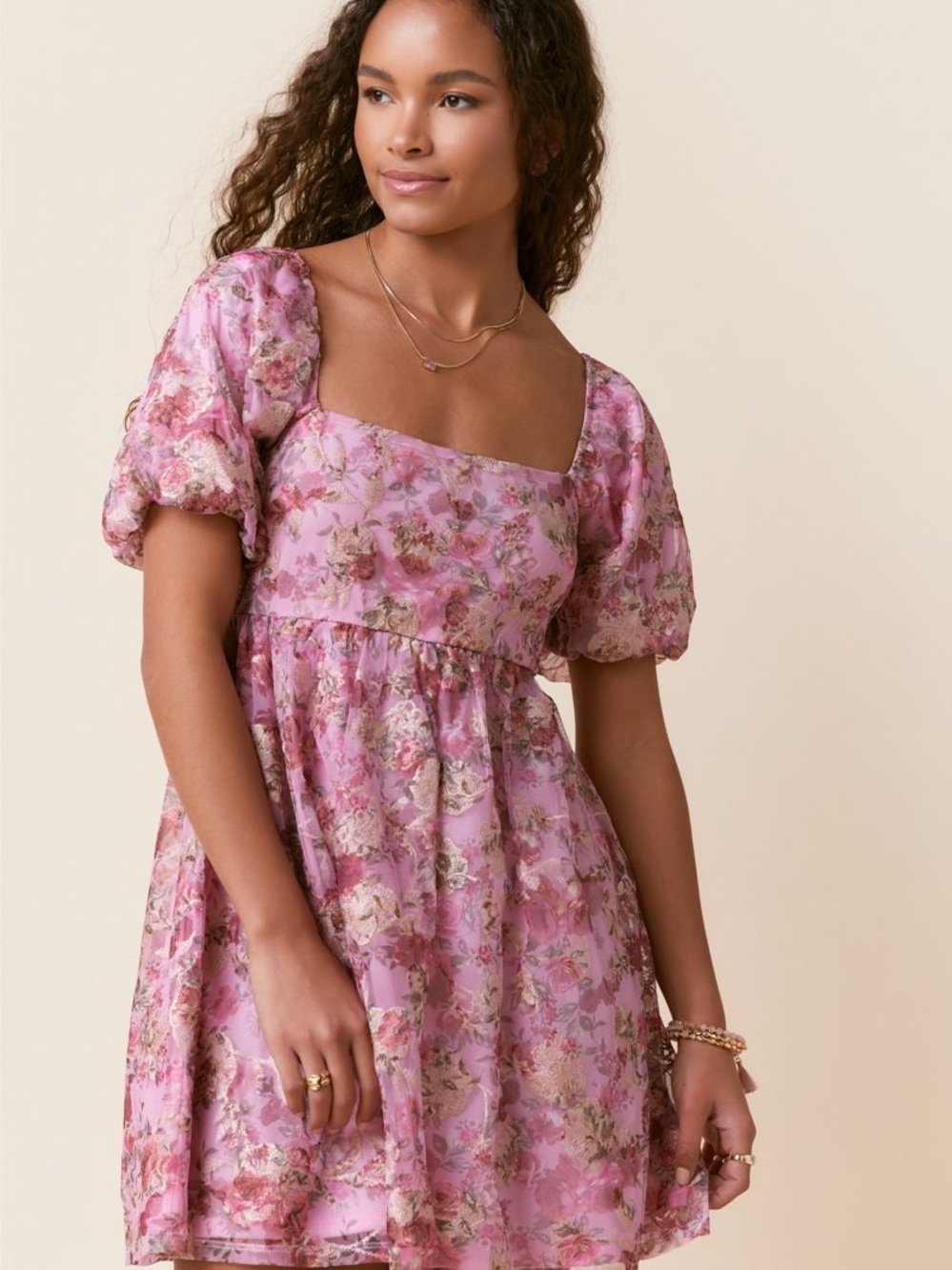 Francesca's Collections Pink Floral Puff-Sleeve Babydoll Mini Dress
